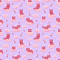 Seamless vector pattern with cute winged kittens, flying hearts and ice cream cones on the background of the sky and pink clouds Royalty Free Stock Photo